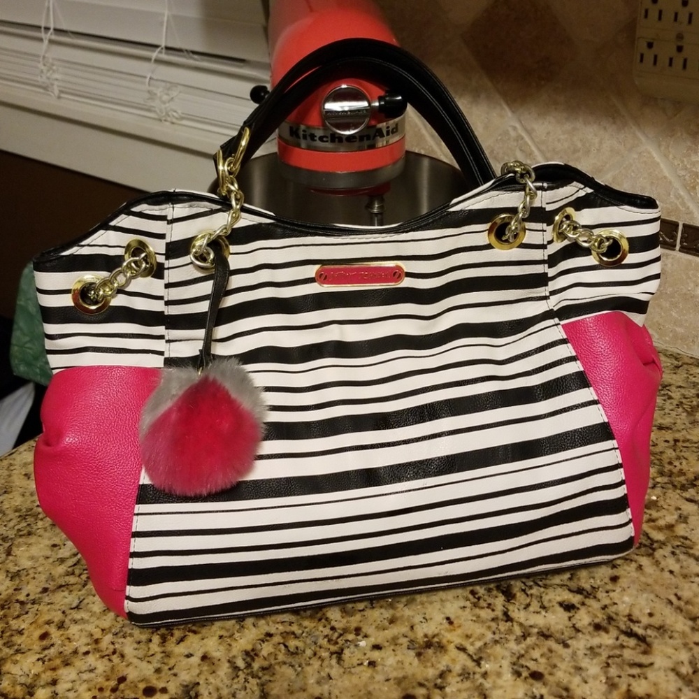 Betsey Johnson large pink and black stripe purse